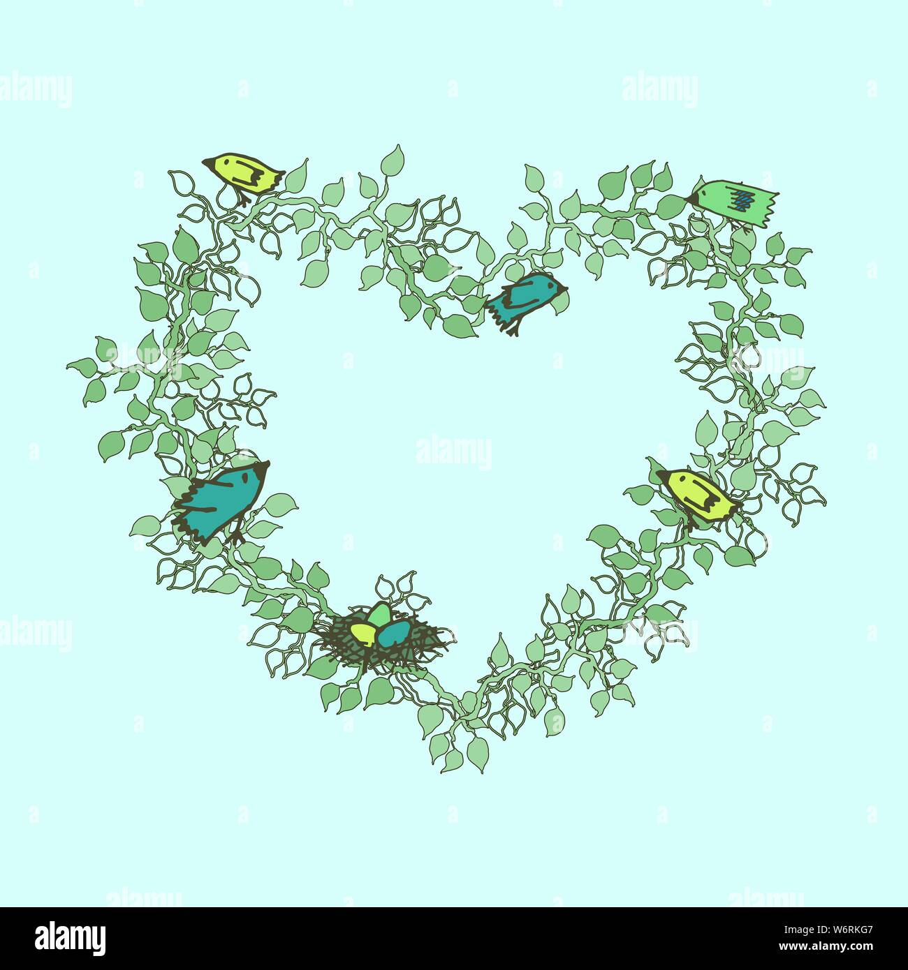 Disegnato a mano cornici floreali con foglie e uccelli Illustrazione Vettoriale