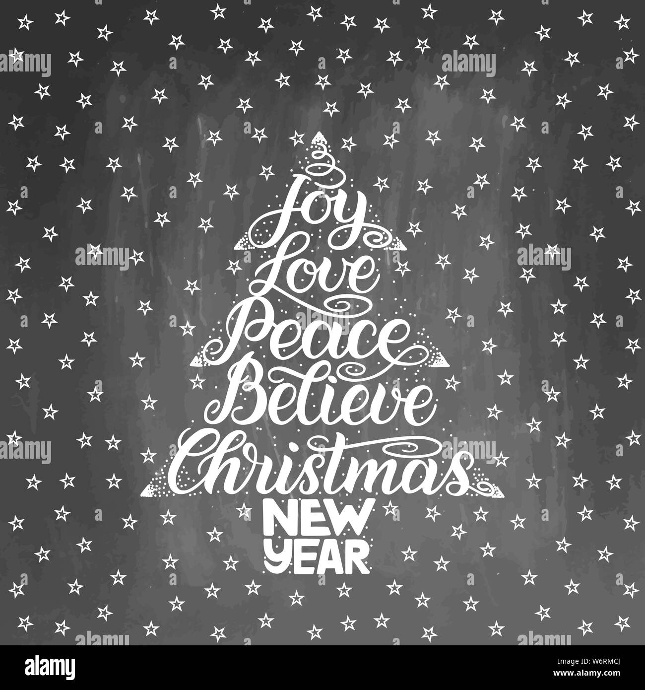 Natale biglietto di auguri. Anno nuovo lettering con desiderio di gioia e di amore, di pace, di credere nel telaio dell albero di Natale. illustrazione sulla lavagna a trama ba Foto Stock