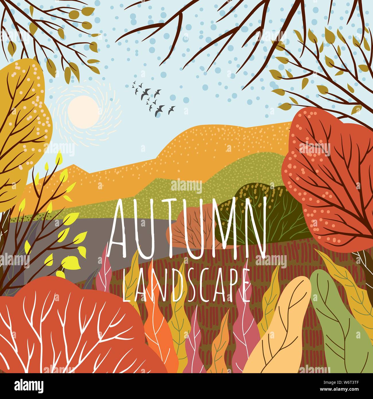 Paesaggio autunnale. Carino appartamento luminoso illustrazione vettoriale della natura sfondo con hill, prati, foreste e piante. Disegno a mano libera Illustrazione Vettoriale