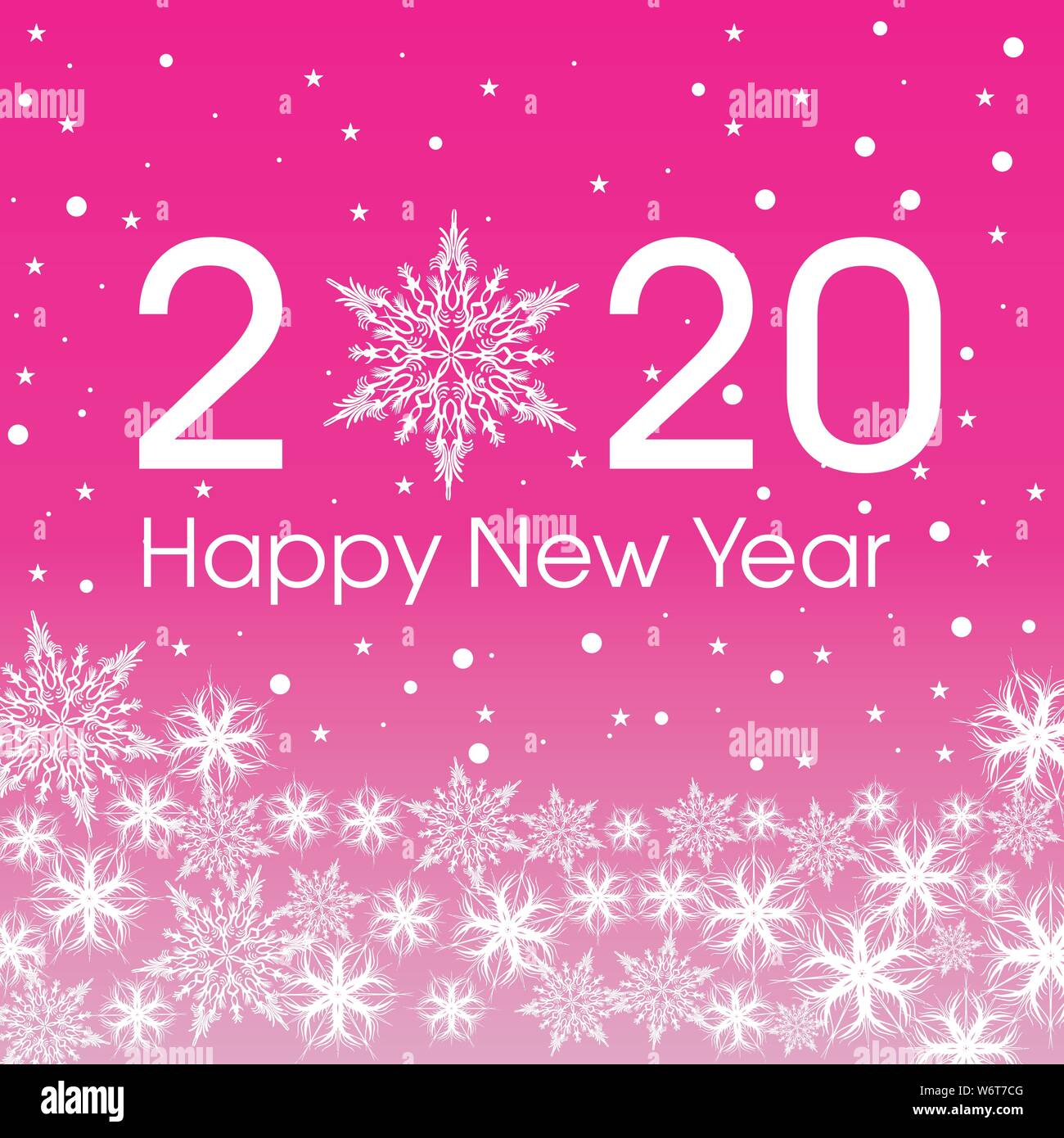2020 Felice Anno Nuovo modello di scheda. Progettazione patern fiocchi di neve bianca e color porpora. Illustrazione Vettoriale