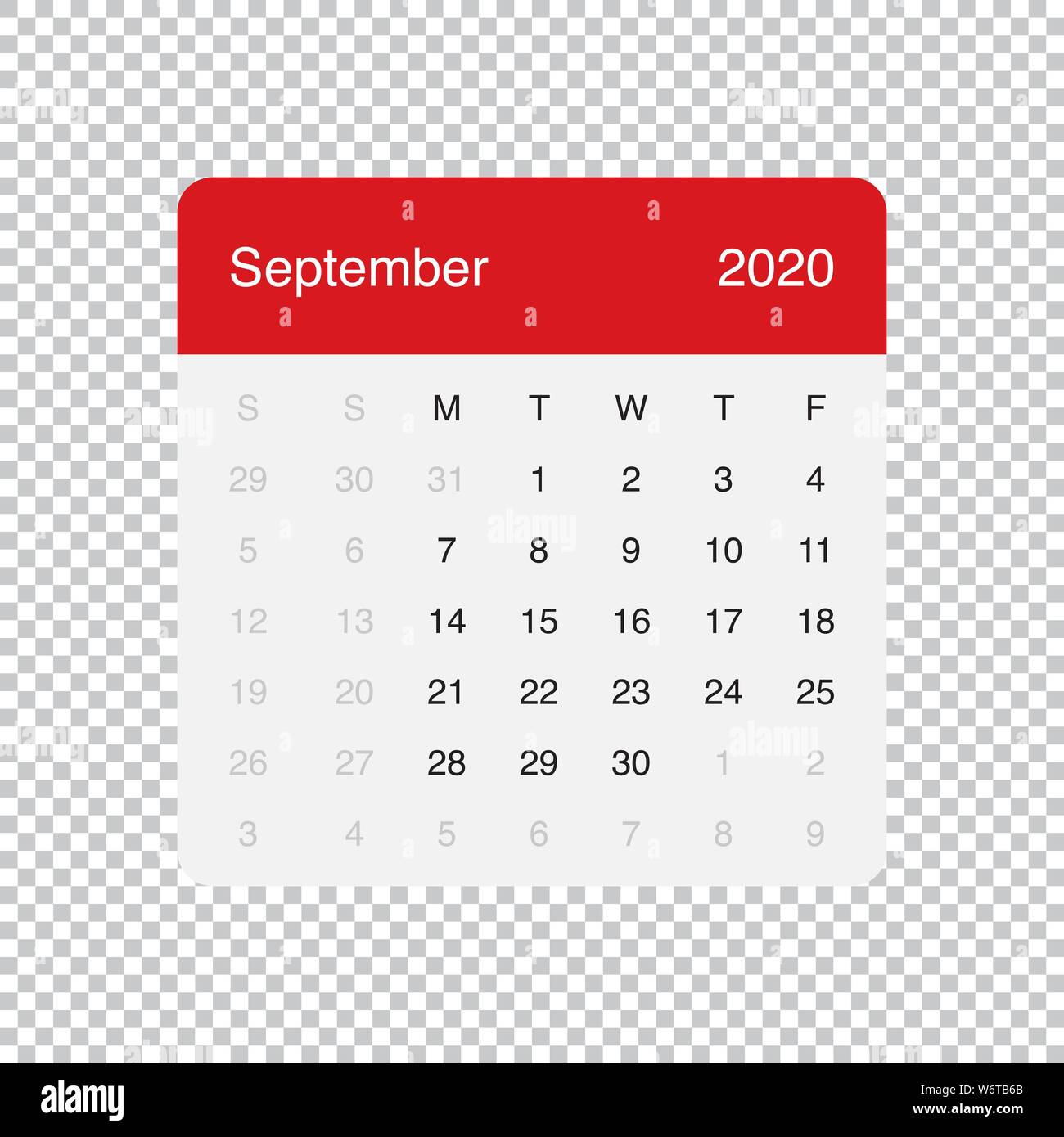 Calendario Settembre 2020 Pulire il tavolo minimale semplice design. Griglia di base con sfondo grigio chiaro. La settimana inizia il lunedì. Illustrazione Vettoriale