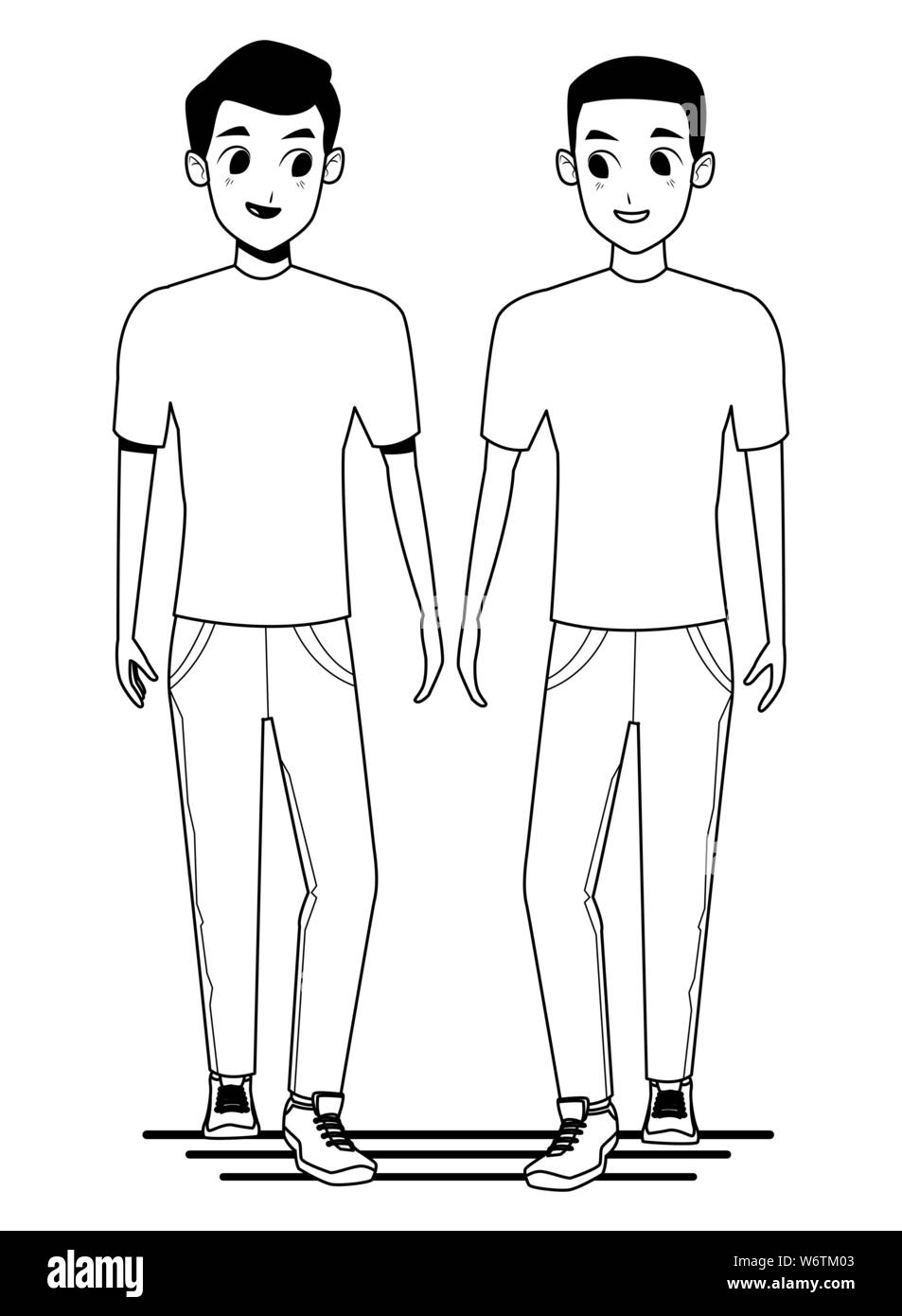 Coppia giovane e sorridente camminando cartoon in bianco e nero Illustrazione Vettoriale