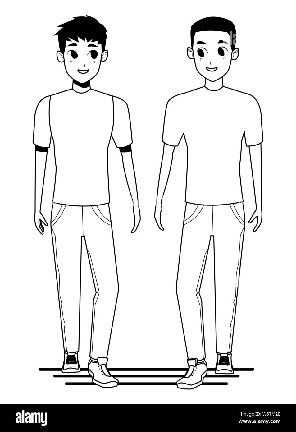 Coppia giovane e sorridente camminando cartoon in bianco e nero Illustrazione Vettoriale