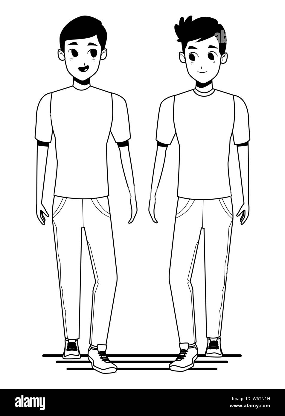 Coppia giovane e sorridente camminando cartoon in bianco e nero Illustrazione Vettoriale