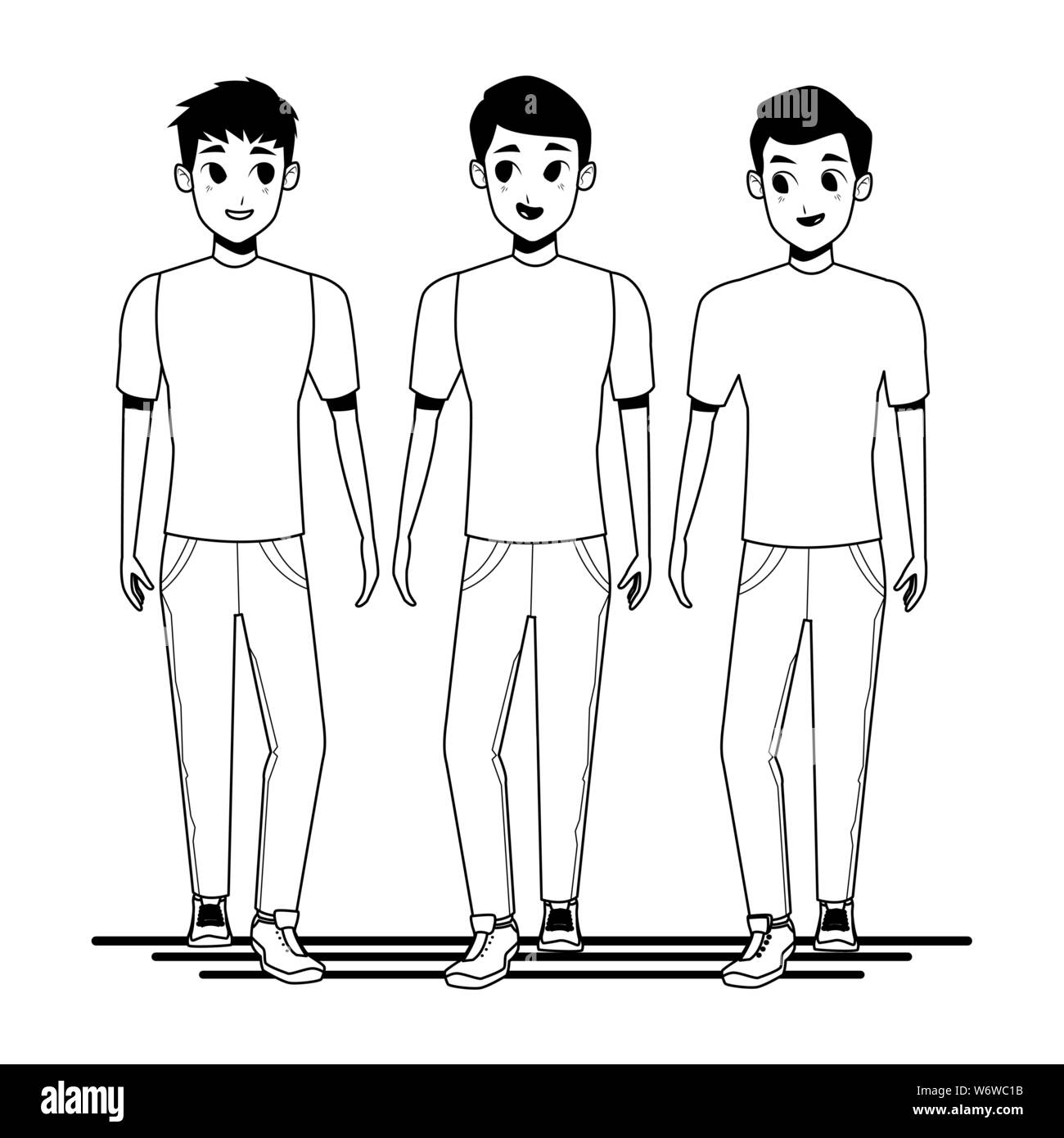 Giovani amici sorridente con abiti casual cartoni animati in bianco e nero Illustrazione Vettoriale