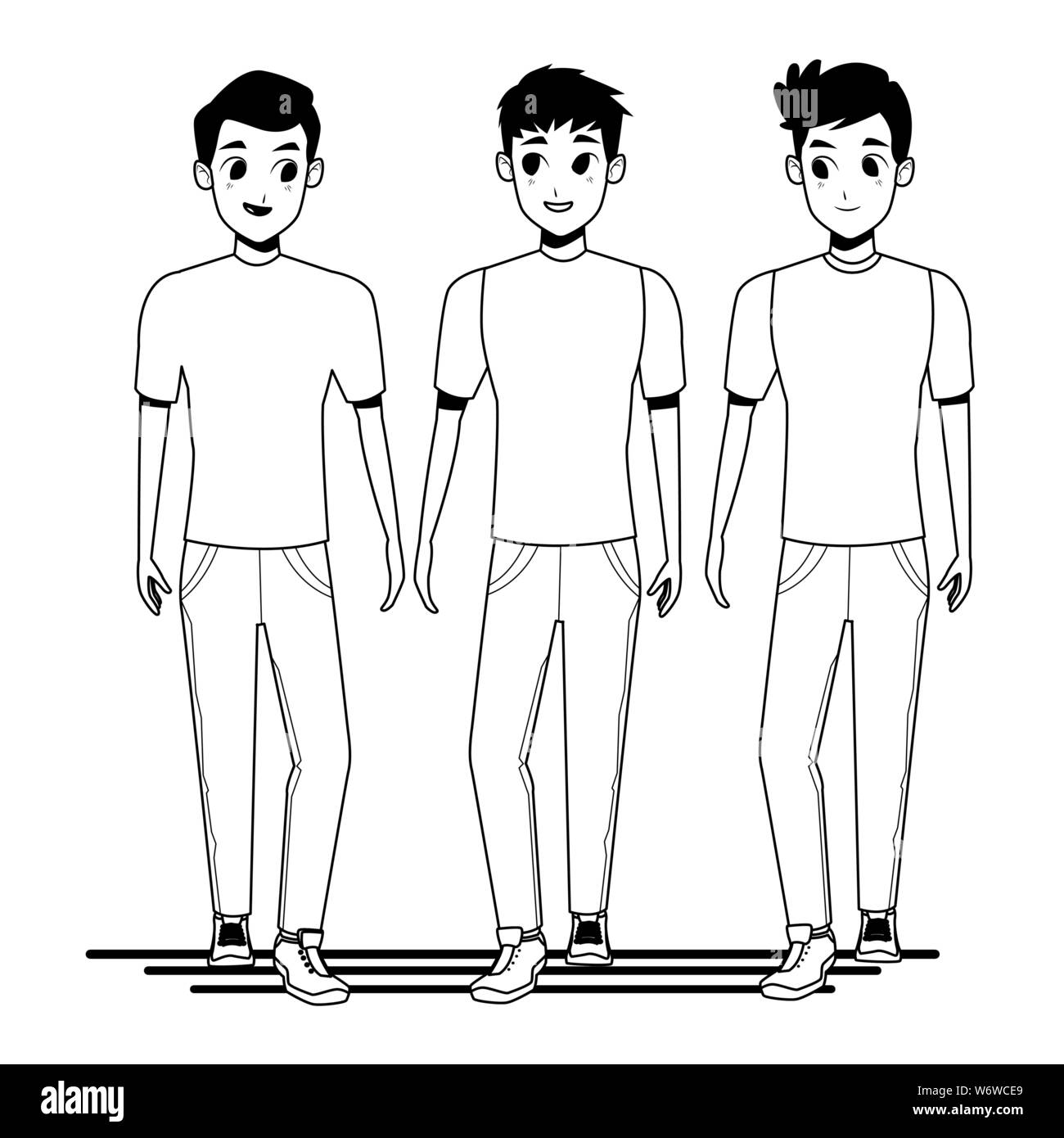 Giovani amici sorridente con abiti casual cartoni animati in bianco e nero Illustrazione Vettoriale