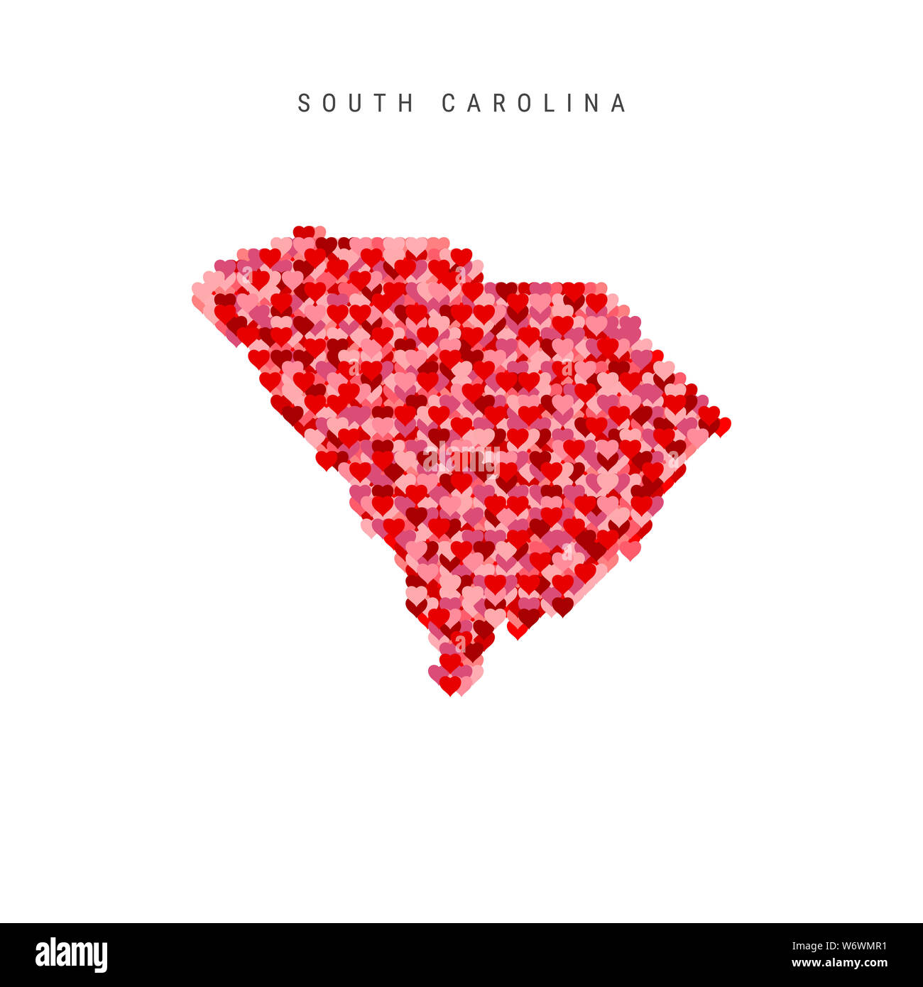 Io amo la Carolina del Sud. Rosso e Cuori rosa Pattern Mappa di Carolina del Sud isolato su sfondo bianco. Foto Stock