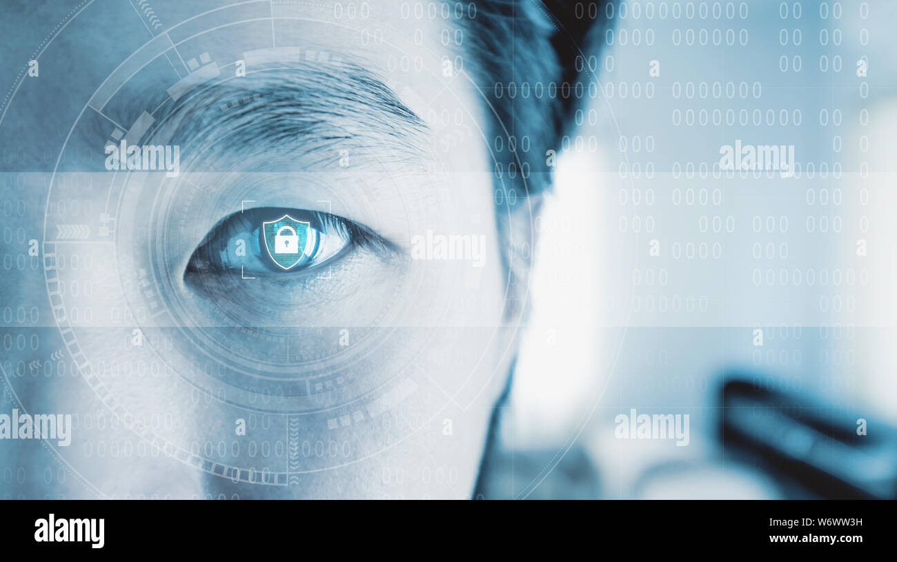 Sicurezza futuristica tecnologia di sistema, Close-up occhio con identità di scansione la tecnologia di sistema Foto Stock