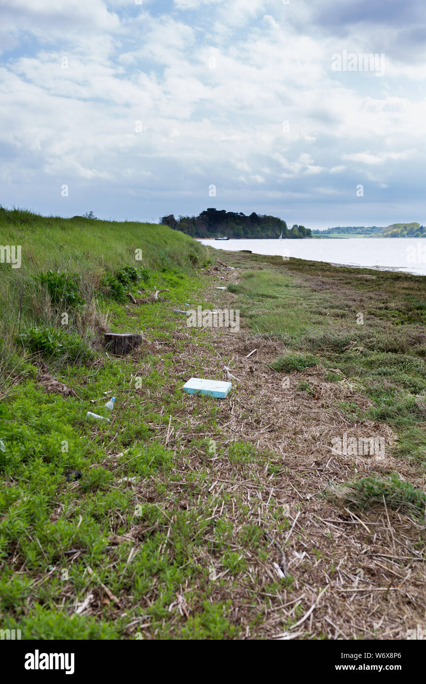 Scartato rifiuti di plastica sul bordo di un fiume sul litorale/beach in Suffolk. Gettato via piuttosto che riciclare causando un rischio ambientale Foto Stock