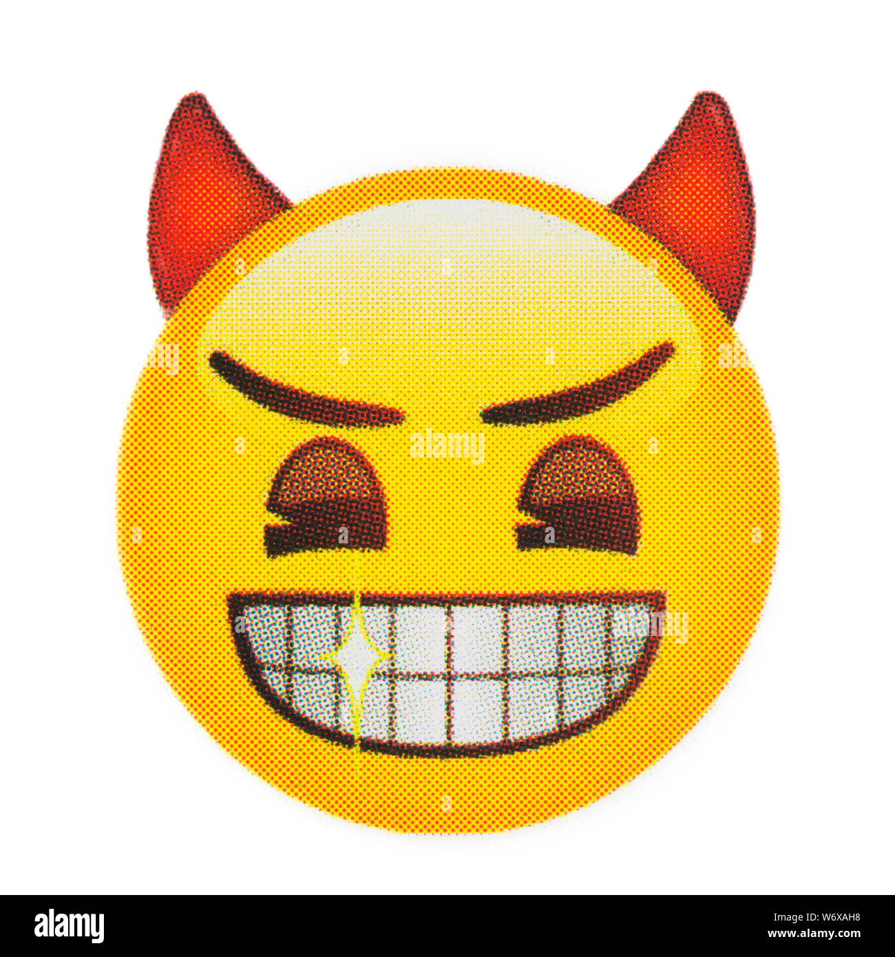 Grinning diavolo faccia con occhi sorridenti emoticon Foto Stock