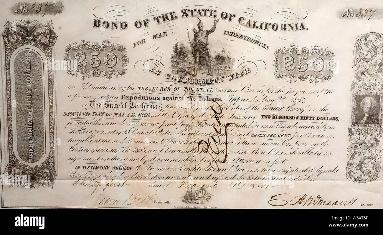 Bond dello Stato della California, per la guerra di indebitamento in conformità con un atto che autorizza il tesoriere dello Stato di emissione di obbligazioni per il pagamento delle spese di alcune spedizioni contro gli Indiani". Foto Stock