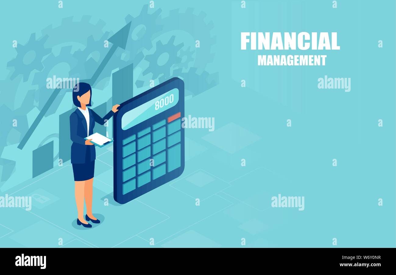 Vettore di una donna d'affari con la calcolatrice. Calcoli finanziari e il concetto di gestione Illustrazione Vettoriale