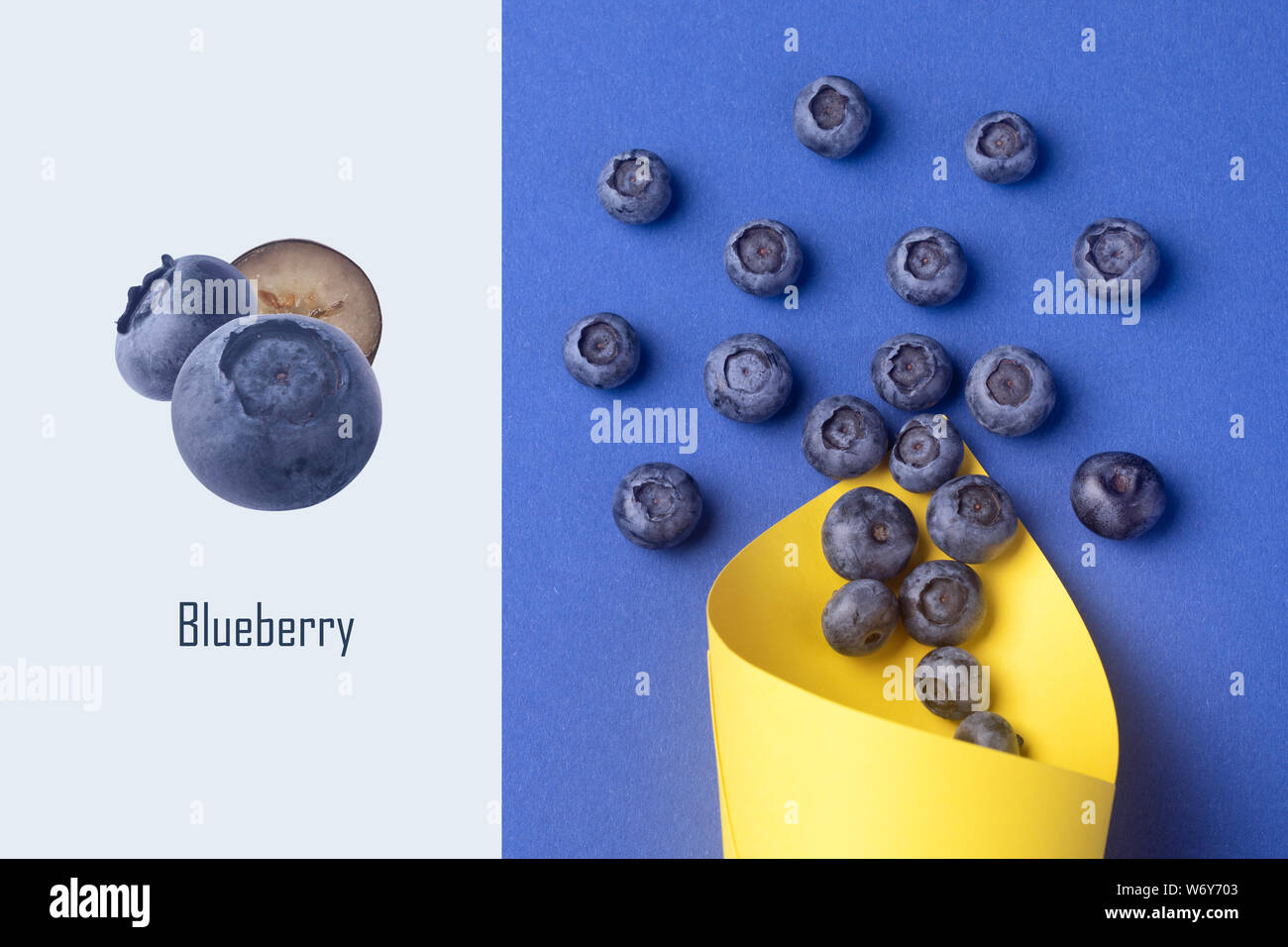 Layout creativo fatto di mirtillo in giallo cono in carta su sfondo blu Foto Stock
