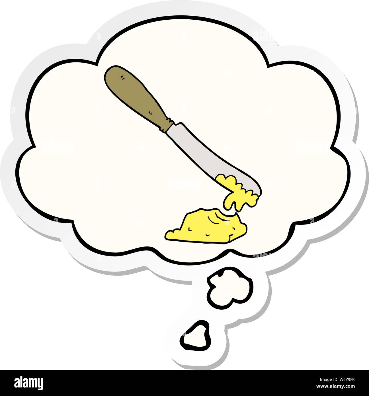 Cartoon spalmatura a coltello burro con bolle di pensiero come un adesivo stampato Illustrazione Vettoriale