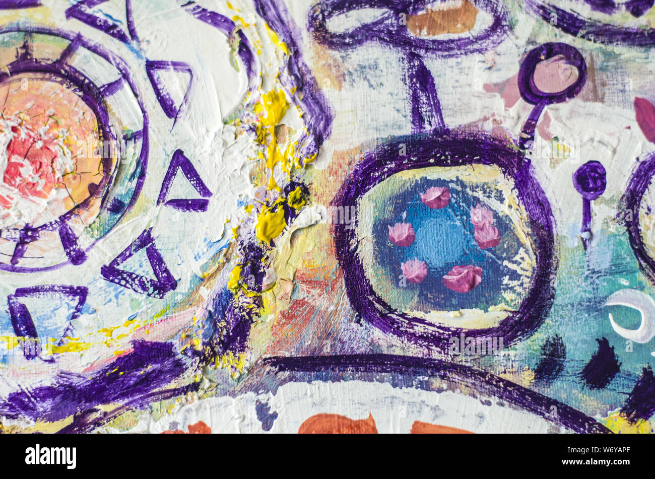 Disegnata a mano di pittura acrilica. L'arte astratta sfondo. Pittura Acrilica su tela di canapa. Colore e struttura. Frammento di opere d'arte. Pennellate di vernice. Ar moderno Foto Stock