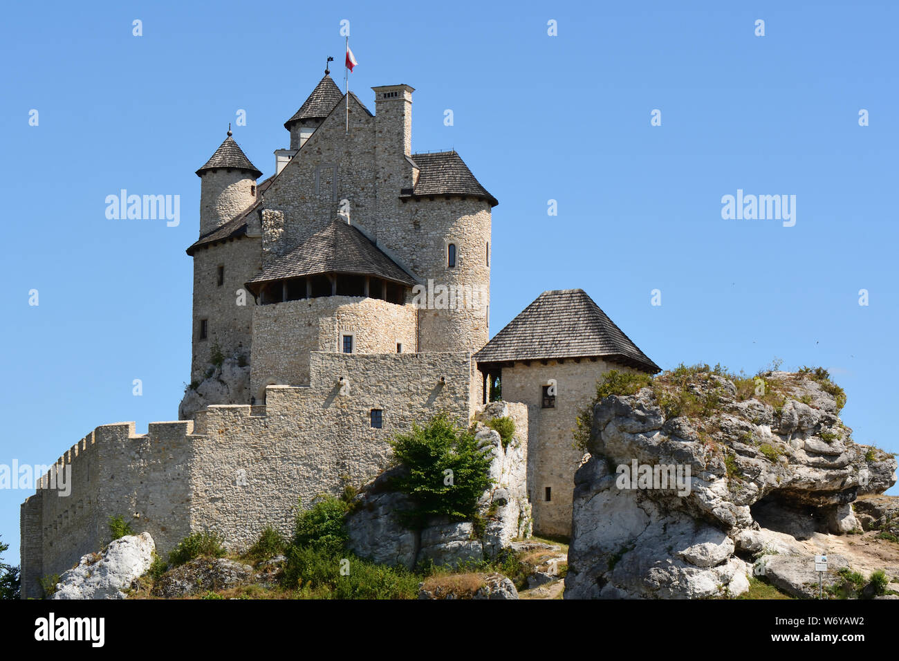 Il Royal Castle Bobolice, una delle più belle rocche sui nidi delle aquile trail in Polonia. Foto Stock