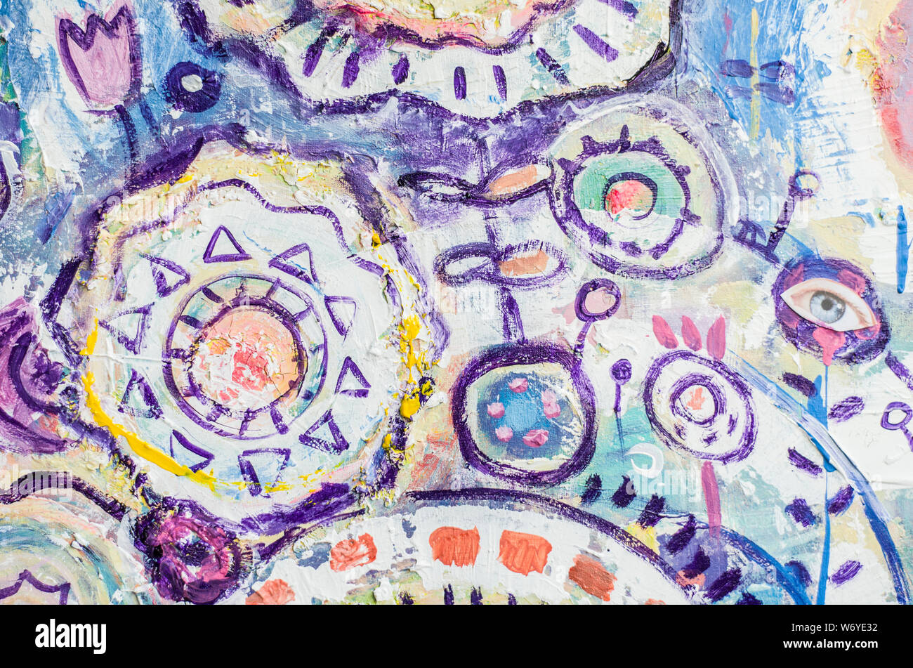 Disegnata a mano di pittura acrilica. L'arte astratta sfondo. Pittura Acrilica su tela di canapa. Colore e struttura. Frammento di opere d'arte. Pennellate di vernice. Ar moderno Foto Stock