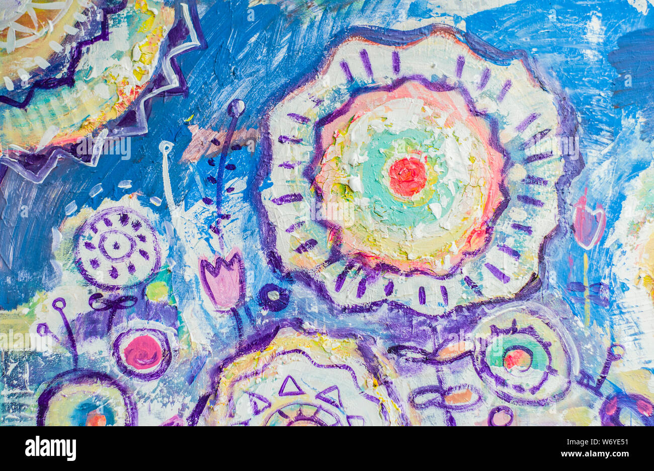 Disegnata a mano di pittura acrilica. L'arte astratta sfondo. Pittura Acrilica su tela di canapa. Colore e struttura. Frammento di opere d'arte. Pennellate di vernice. Ar moderno Foto Stock