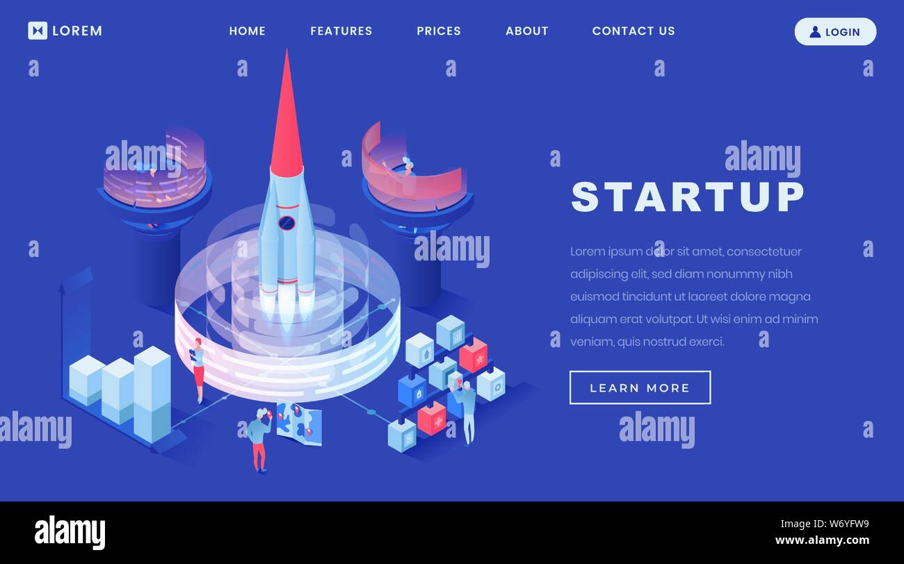 Gli esperti del team Startups isometrica pagina di atterraggio modello. Cartoon persone avvio 3d navicelle spaziali. Imprenditori, i colleghi, gli investitori il lavoro di squadra per lanciare il progetto creativo, avviamento innovativa idea di business Illustrazione Vettoriale