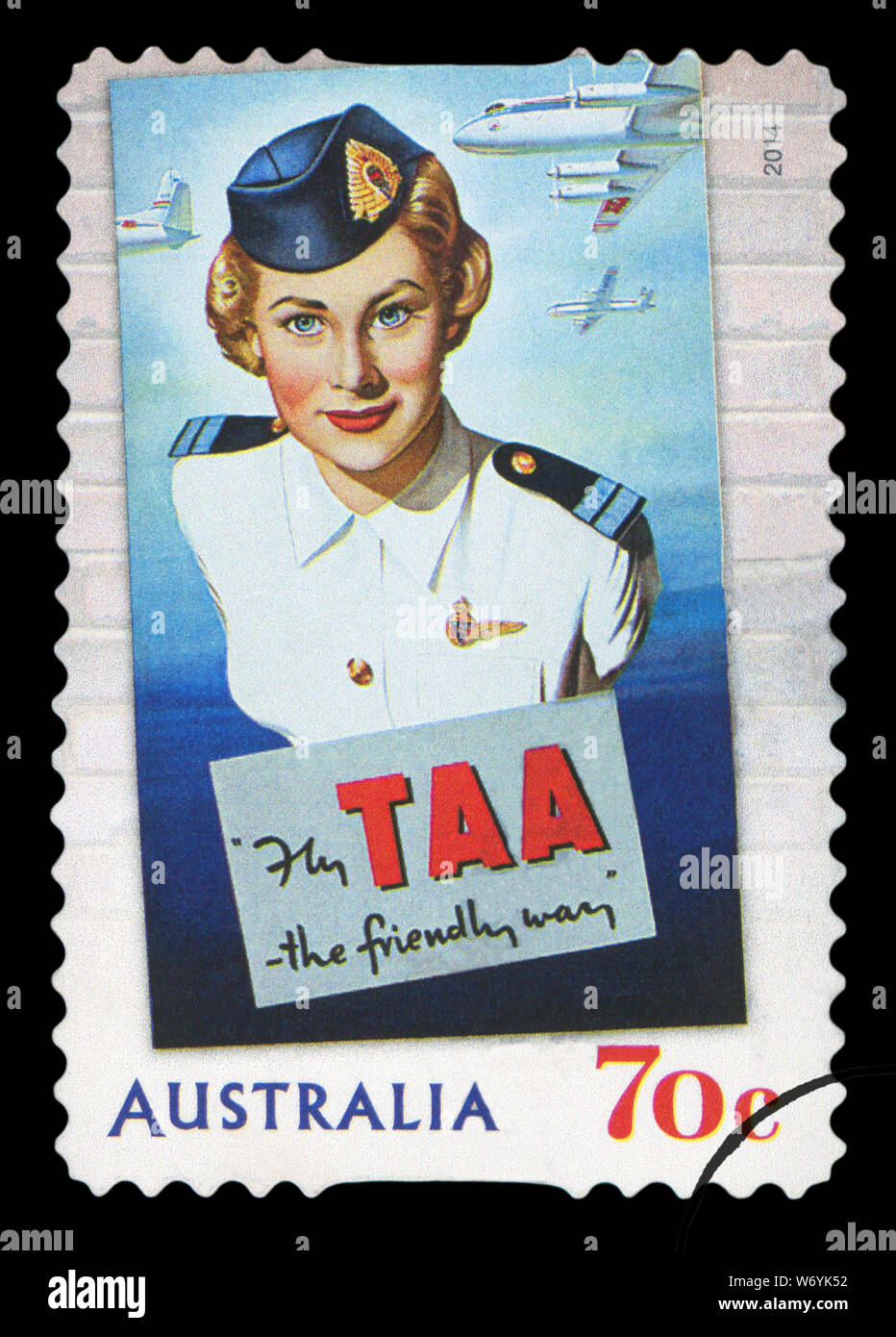 AUSTRALIA - circa 2014: un timbro mostra immagine della Australian Airlines TAA, il modo cordiale, circa 2014. Foto Stock