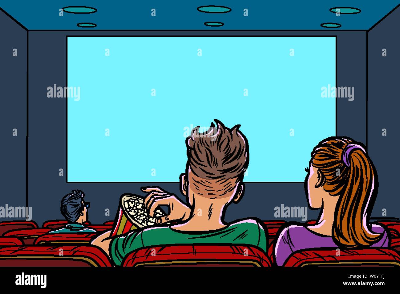 Matura in cinema mangiare popcorn e la visione di un filmato. La Pop art retrò illustrazione vettoriale disegno Illustrazione Vettoriale