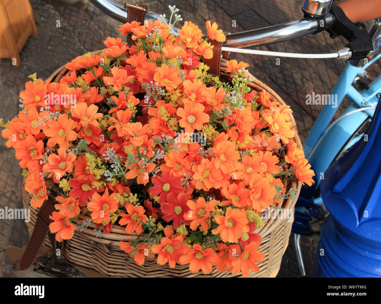 Contenitore per piante in bicicletta, insoliti, cestello anteriore, ciclo, arancio e giallo fiori, piante, contenitori Foto Stock