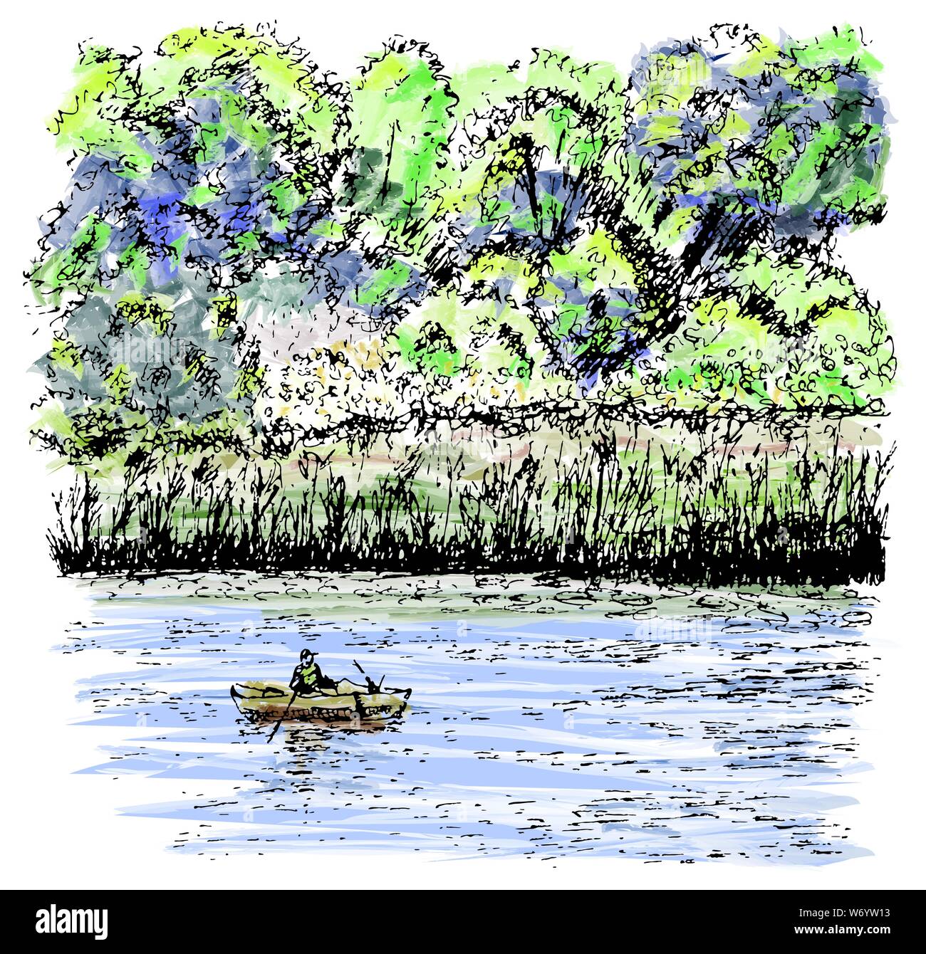 Pescatore. Il silenzio. Schizzo Illustrazione Vettoriale