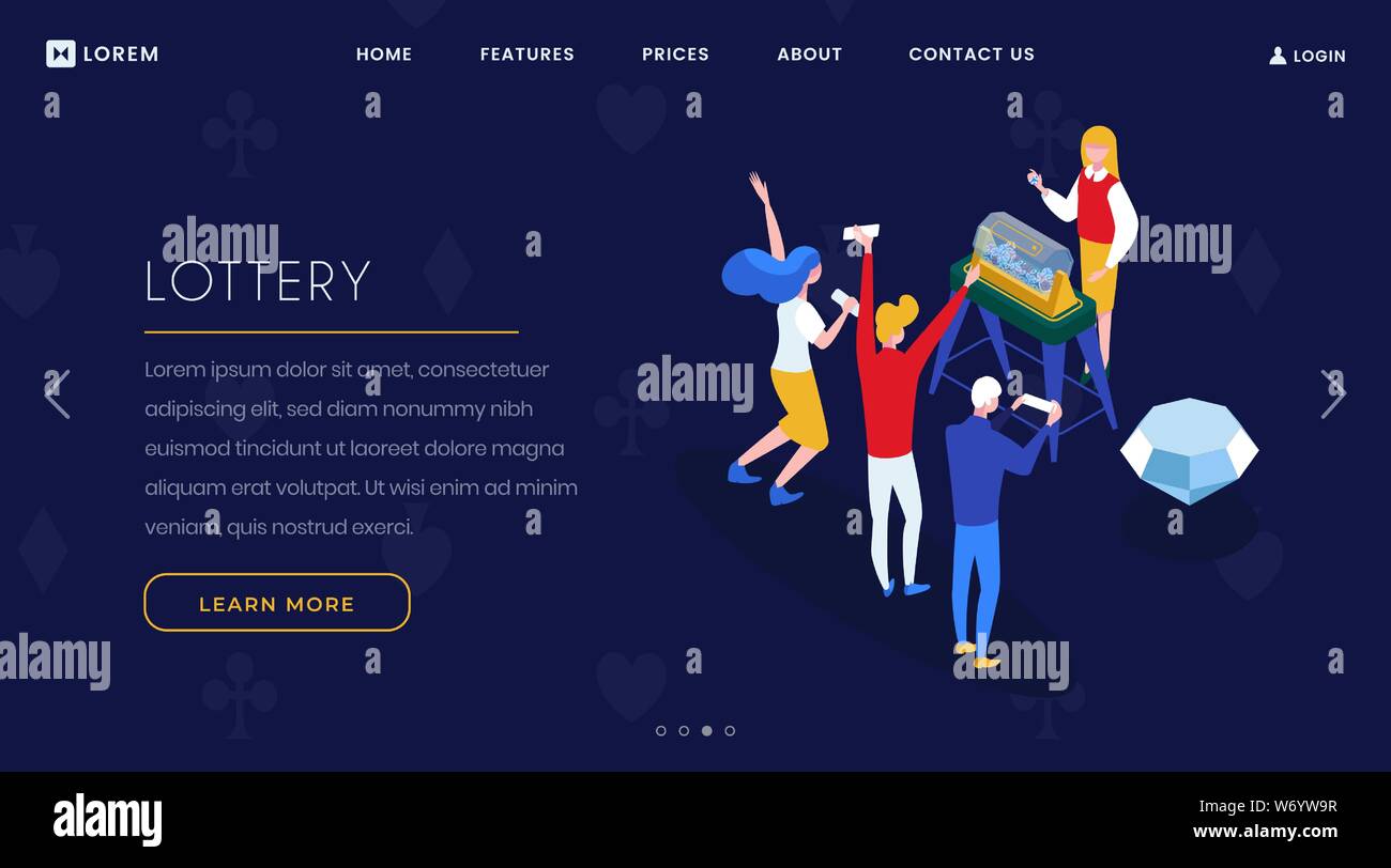 Lotteria landing page modello isometrico. Riproduzione di casinò e di gioco d'azzardo sito web business homepage 3D layout. I giocatori tenendo i biglietti della lotteria, Lucky bingo, jackpot vincitori caratteri Illustrazione Vettoriale