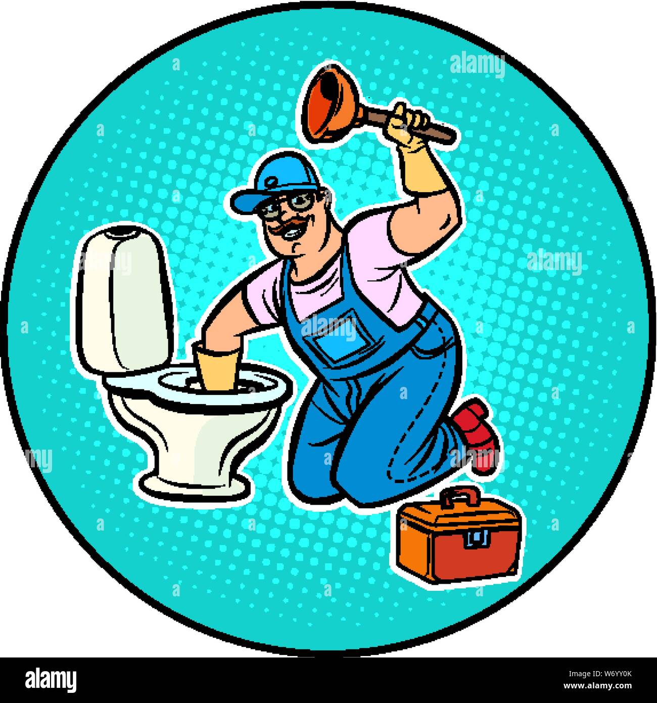 Plumber pulisce il wc. La Pop art retrò illustrazione vettoriale disegno Illustrazione Vettoriale