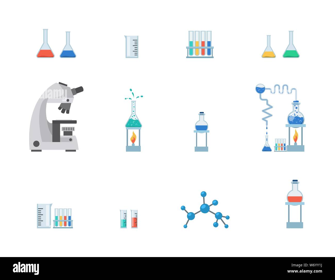 Attrezzature da laboratorio illustrazione vettoriale set. Provette, chimica bicchieri con liquidi, la tazza di misura isolati su sfondo bianco. Microscopio di laboratorio, boccette di sistema di riscaldamento, molecola, struttura di virus Illustrazione Vettoriale