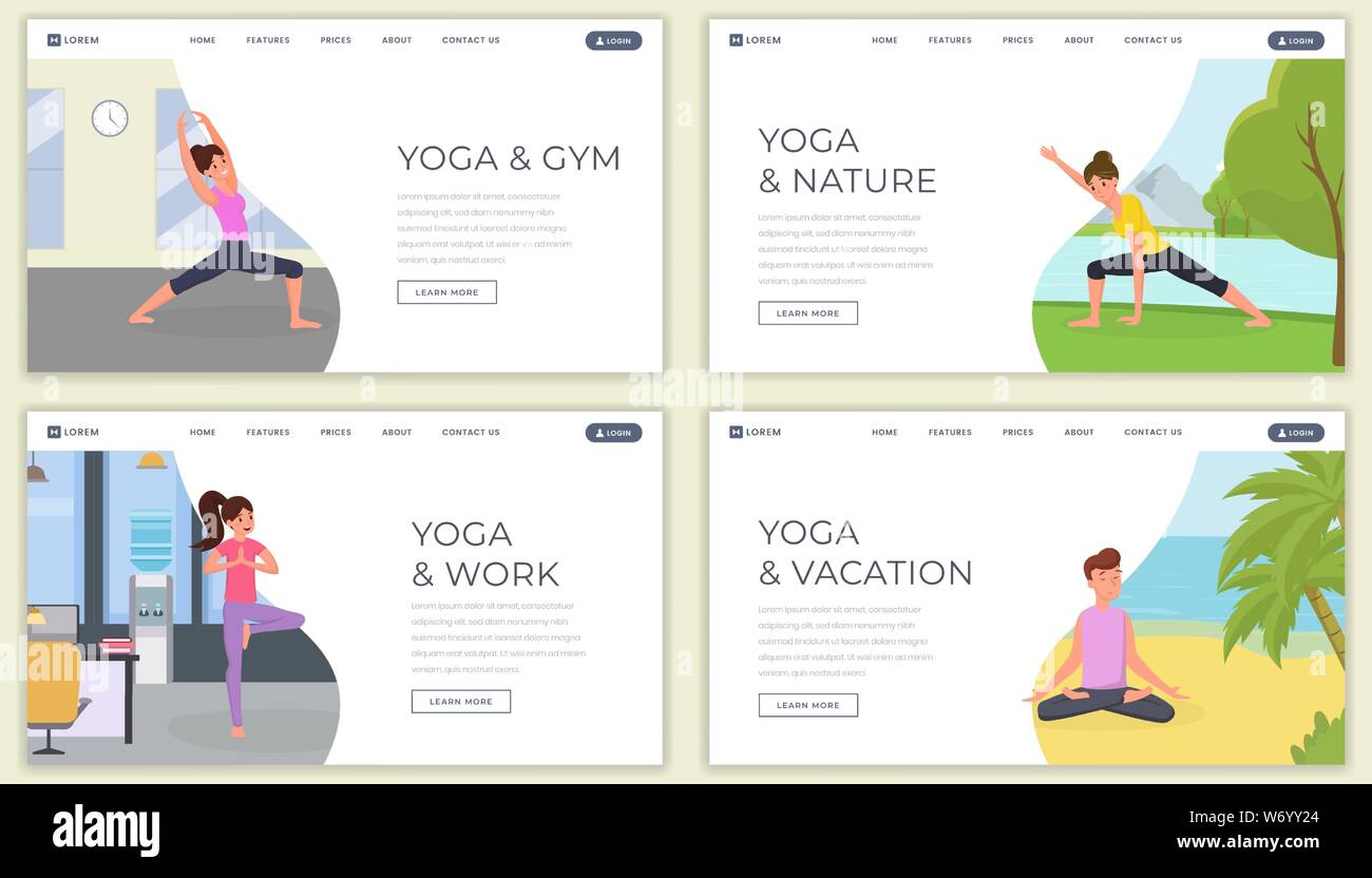 Lo Yoga flat landing page template vettoriale set. Le classi di yoga sul sito web di natura, di pagine web. L uomo e la donna fare yoga sulla spiaggia, yogi concentrare e stretching, meditando le persone personaggio dei fumetti Illustrazione Vettoriale