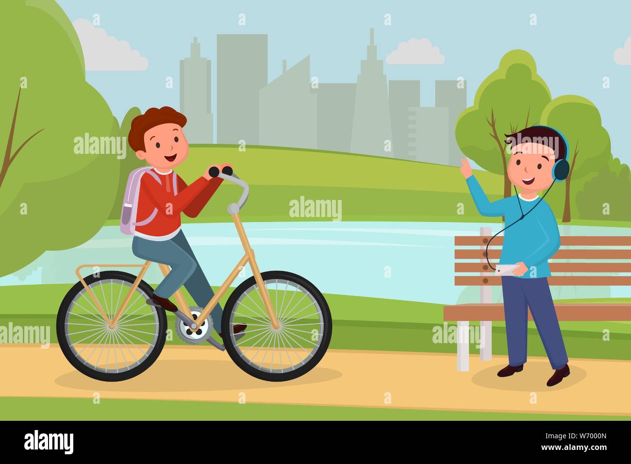 Riunione amici nel parco urbano illustrazione. Ragazzo Bicicletta Equitazione, teen in ascolto in cuffia la musica in ricreativo city park i personaggi dei cartoni animati. Persone attività outdoor, svago e passatempo Illustrazione Vettoriale