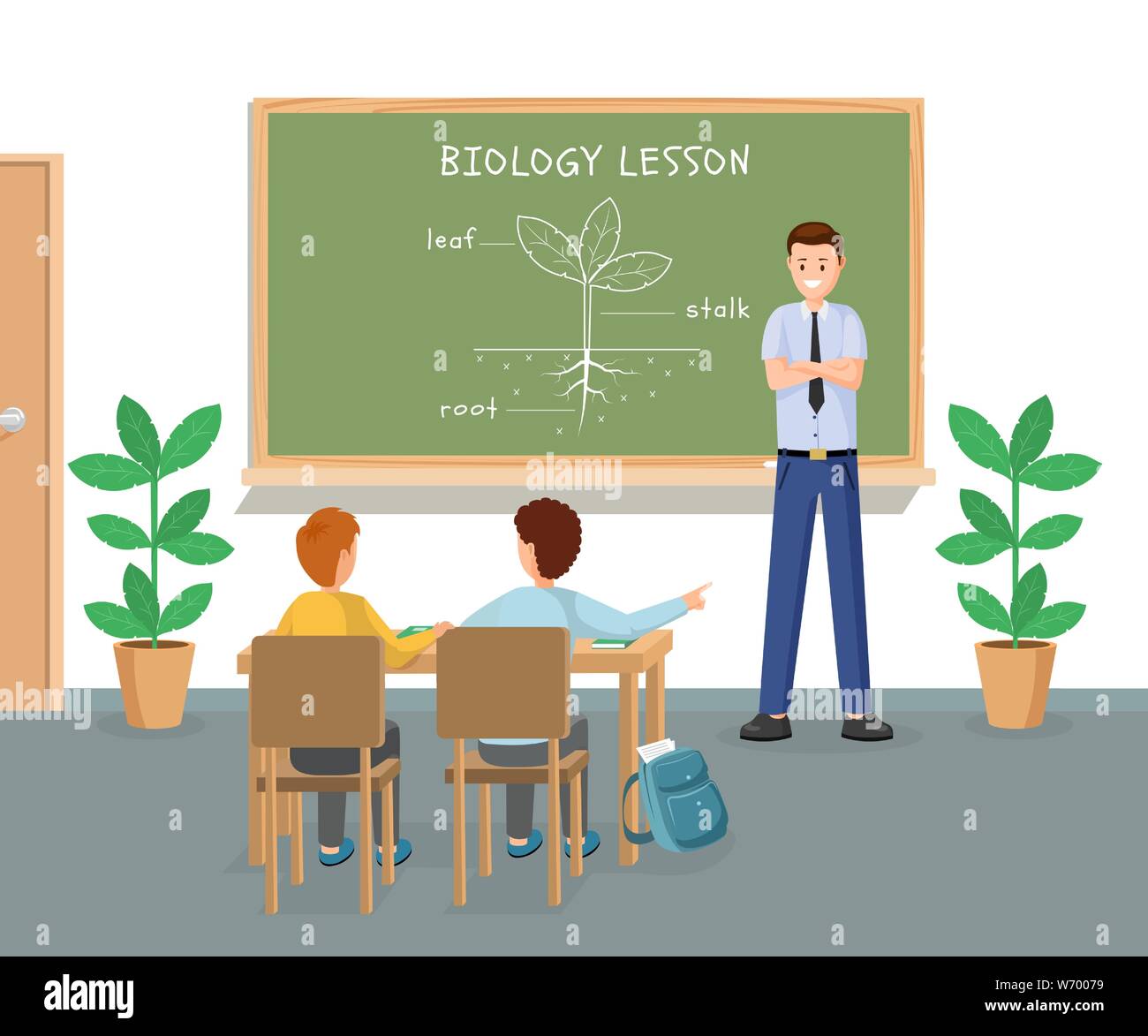 Classe di biologia piatta illustrazione vettoriale. Giovane maschio insegnante spiegare struttura vegetale a Lavagna. Cartoon scolari, schoolmates seduto alla scrivania a studiare la foglia, levetta, radice di elementi vegetali Illustrazione Vettoriale