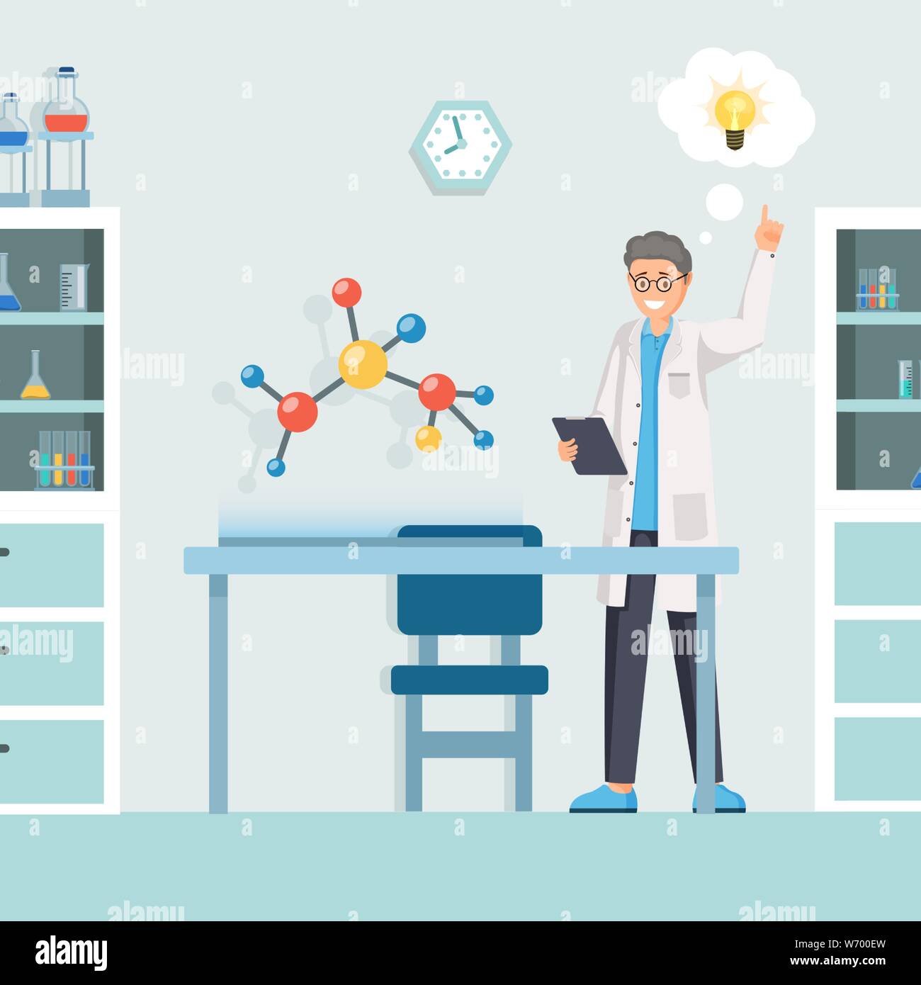 Ricercatore che abbia idea piatta illustrazione vettoriale. Cartoon scienziato, creative modellazione farmacia innovativa formula chimica. Laboratorio di pianificazione del lavoratore esperimento scientifico, nuova scoperta di farmaci Illustrazione Vettoriale