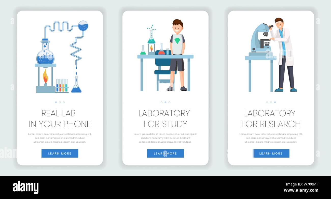 Online mobile laboratorio modelli di pagina Web impostata. Le moderne tecnologie per fare esperimenti, insegnare chimica a scuola. Le scoperte scientifiche, mediche rivoluzionarie app mobile website design di pagina Illustrazione Vettoriale