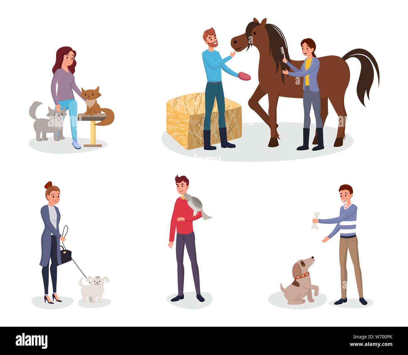 Proprietari di animali domestici illustrazioni vettoriali set. Cartoon persone avendo cura di animali domestici, gatti, cani. Maschio, femmina volontari, rifugio lavoratori giocando con kitties, cuccioli, cavallo di spazzolatura capelli criniera Illustrazione Vettoriale