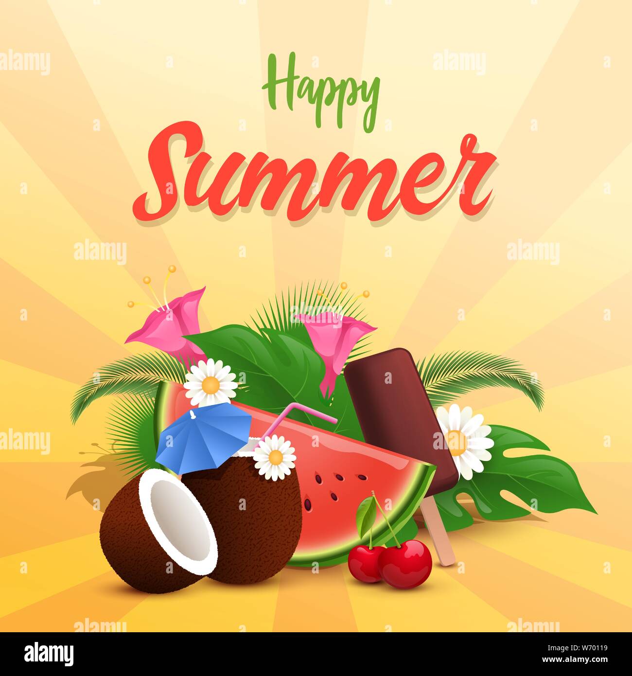 Estate tratta vettore piatto modello di pagina di intestazione. Fetta di cocomero, gelati e cocktail di cocco decorate con fiori esotici e foglie. Estate felice iscrizione per i social media post, cartolina il layout di progettazione Illustrazione Vettoriale