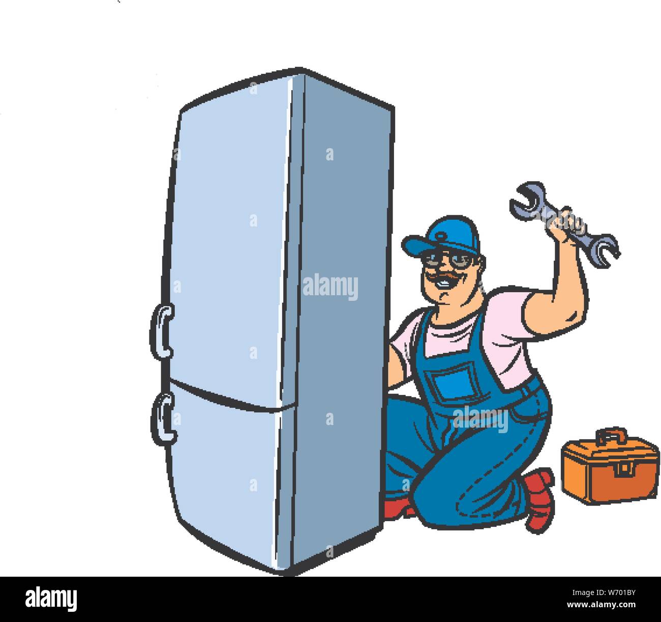 Master frigorifero riparazione. La Pop art retrò illustrazione vettoriale disegno Illustrazione Vettoriale