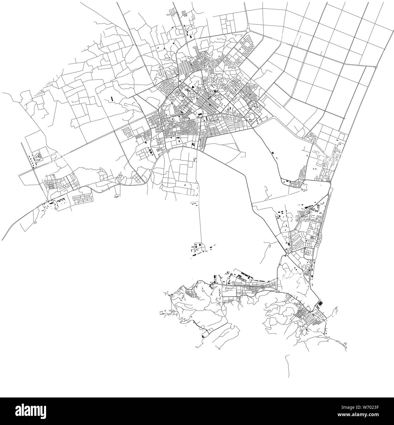 Mappa satellitare di Aden, è una città portuale dello Yemen, situato dall'approccio orientale al Mar Rosso. Mappa di strade e di edifici del centro città Illustrazione Vettoriale