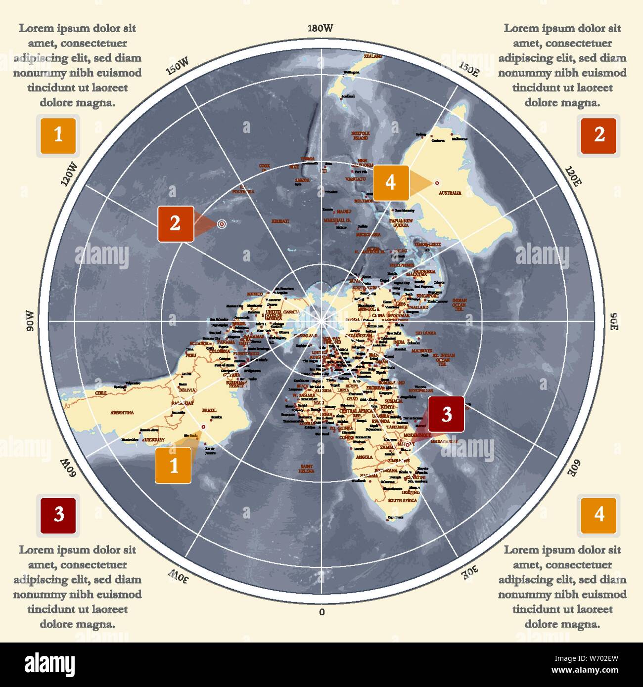 Mappa del mondo in proiezione polare Illustrazione Vettoriale