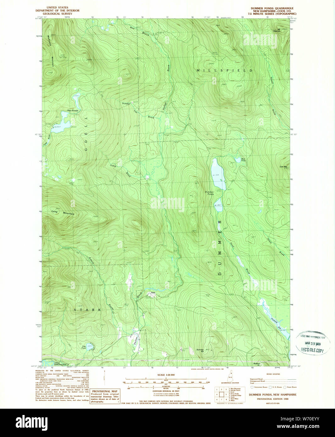 USGS TOPO Map New Hampshire NH Dummer stagni 329541 1988 24000 Restauro Foto Stock