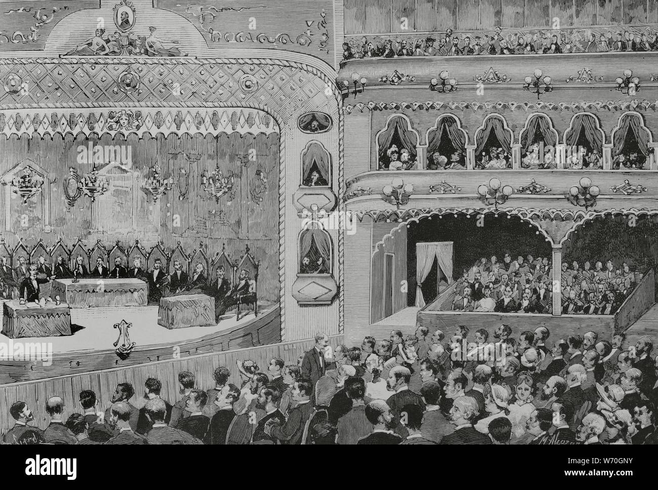 España. La Galizia. Provincia de Pontevedra. Vigo. " Juegos Florales". Celebrados en el teatro, bajo la Presidencia de Emilio Castelar. Dibujo de M. Alcázar. Grabado por Capuz. La Ilustración Española y Americana, 22 de agosto de 1883. Foto Stock