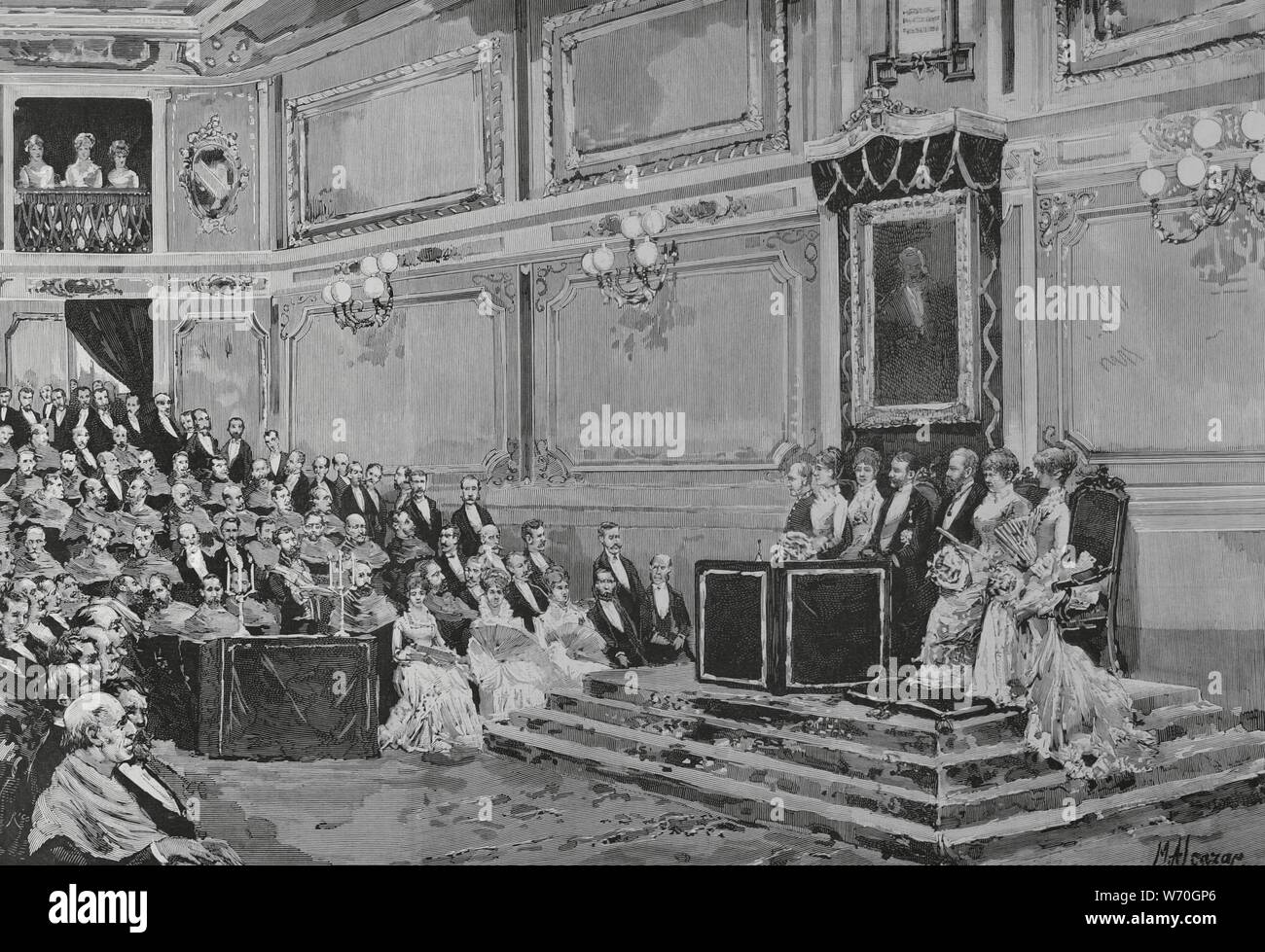 España. Madrid. Inaguración de la Real Academia de Jurisprudencia y Legislación. Sesión inagural del año académico, celebrada bajo la Presidencia de SS. MM. y SS. AA. RR., los Reyes de España, Alfonso XII (1857-1885) y María Cristina de Habsburgo-Lorena (1879-1885), en el nuevo edificio, el 25 de noviembre de 1883. A la izquierda del Rey Alfonso XII se encuentra el príncipe heredero Friedrich Wilhelm Nikolaus Karl von Preuben (1831-1888), futuro Federico III de Alemania, de visita a Madrid. Dibujo del natural por Alcazar. Grabado por Rico. La Ilustración Española y americana, 8 de diciembre de Foto Stock