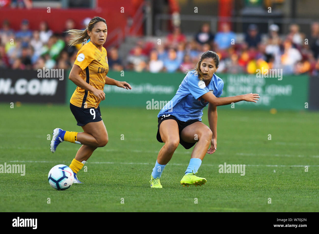 Agosto 03, 2019: Katie Johnson (33) di Chicago stelle rosse in azione durante una partita NWSL tra Chicago stelle rosse e Utah Royals FC a SeatGeek Stadium di Bridgeview, Illinois. Dean Reid/CSM. Foto Stock