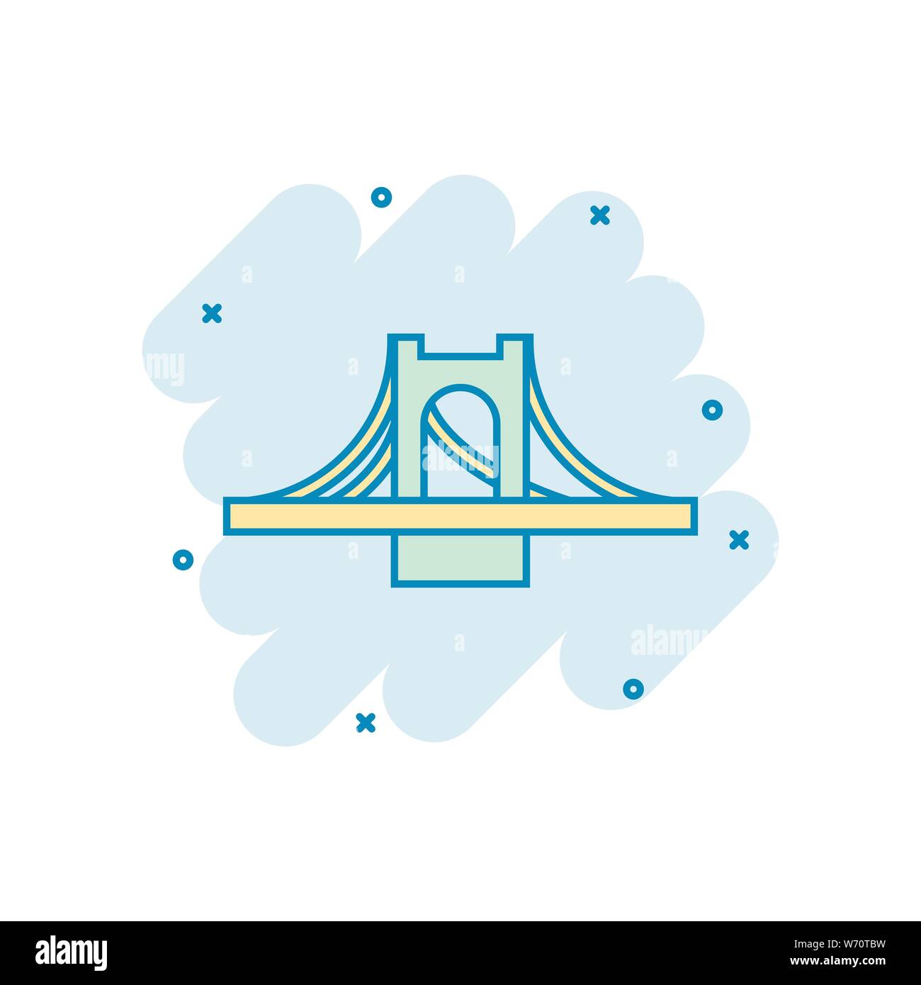 Ponte icona segno in stile fumetto. Vettore di ponte levatoio cartoon illustrazione in bianco sullo sfondo isolato. Road business concetto effetto splash. Illustrazione Vettoriale