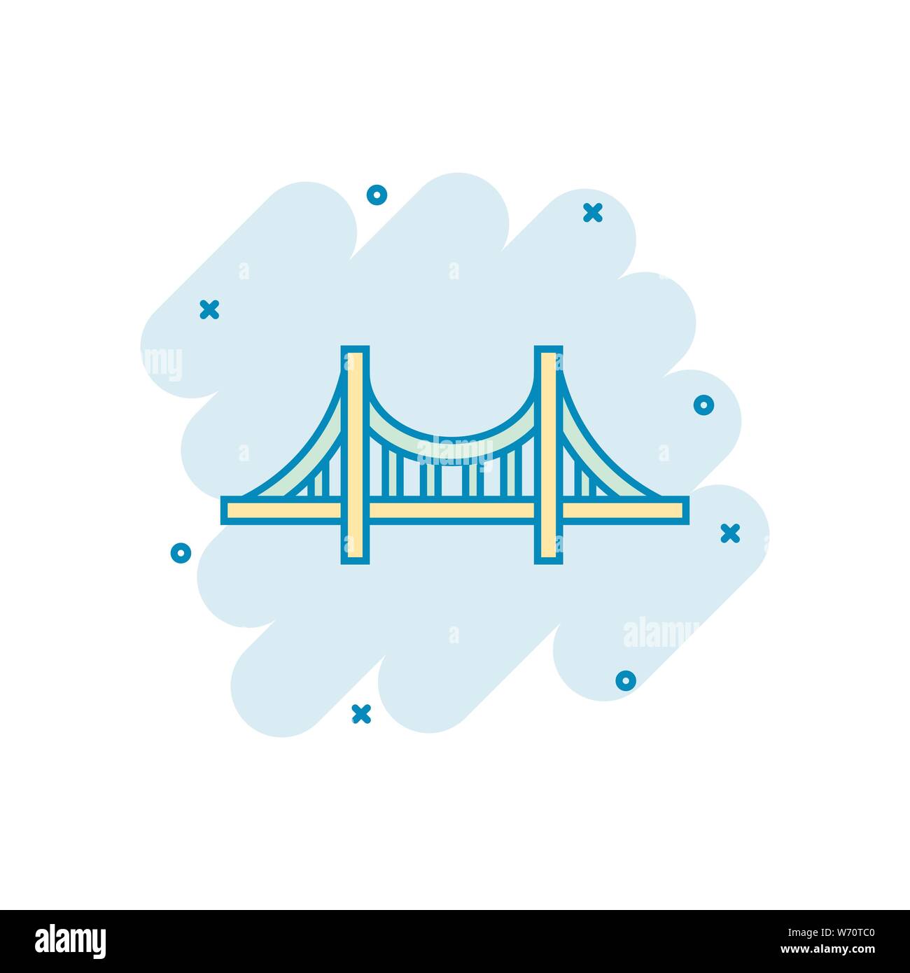 Ponte icona segno in stile fumetto. Vettore di ponte levatoio cartoon illustrazione in bianco sullo sfondo isolato. Road business concetto effetto splash. Illustrazione Vettoriale