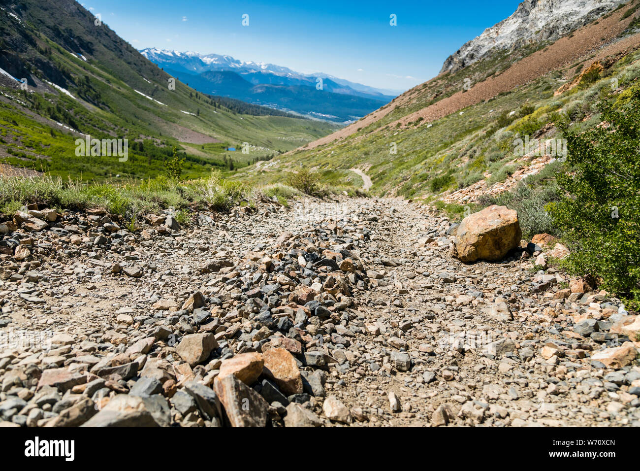 Strada sterrata nella valle verde con prati, montagne e alberi nelle Sierras Foto Stock