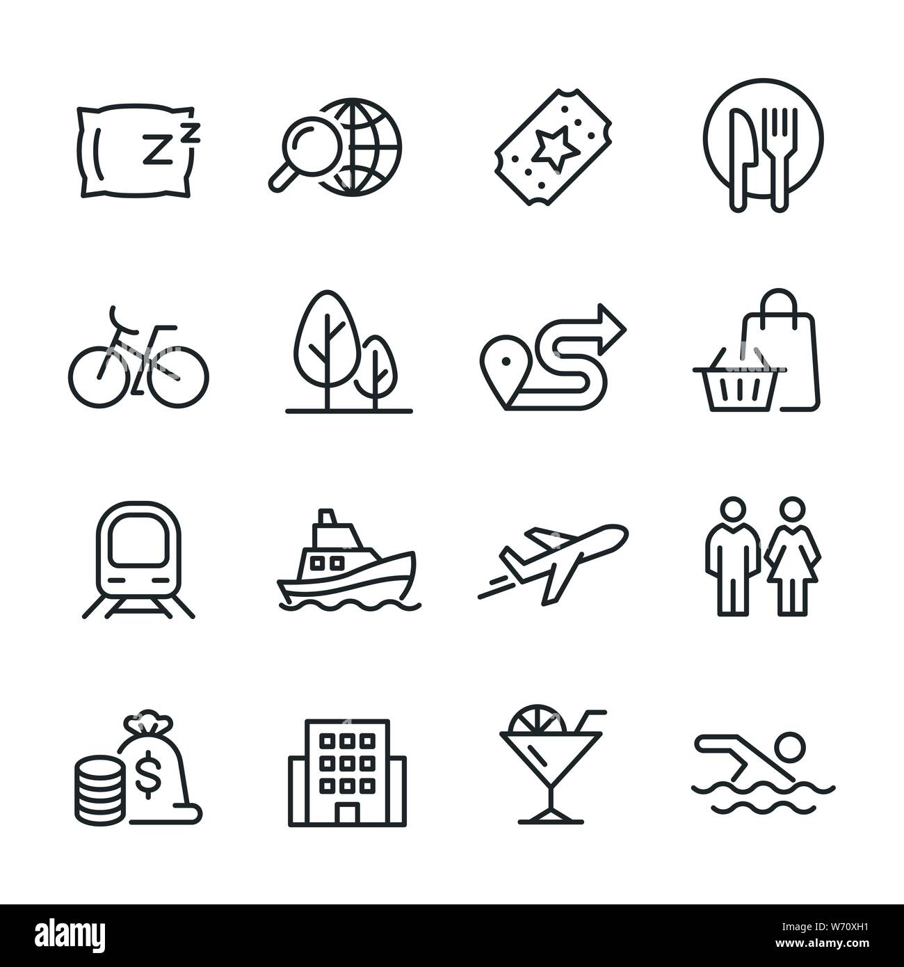 Icone vettoriali set di viaggio. Illustrazione Vettoriale