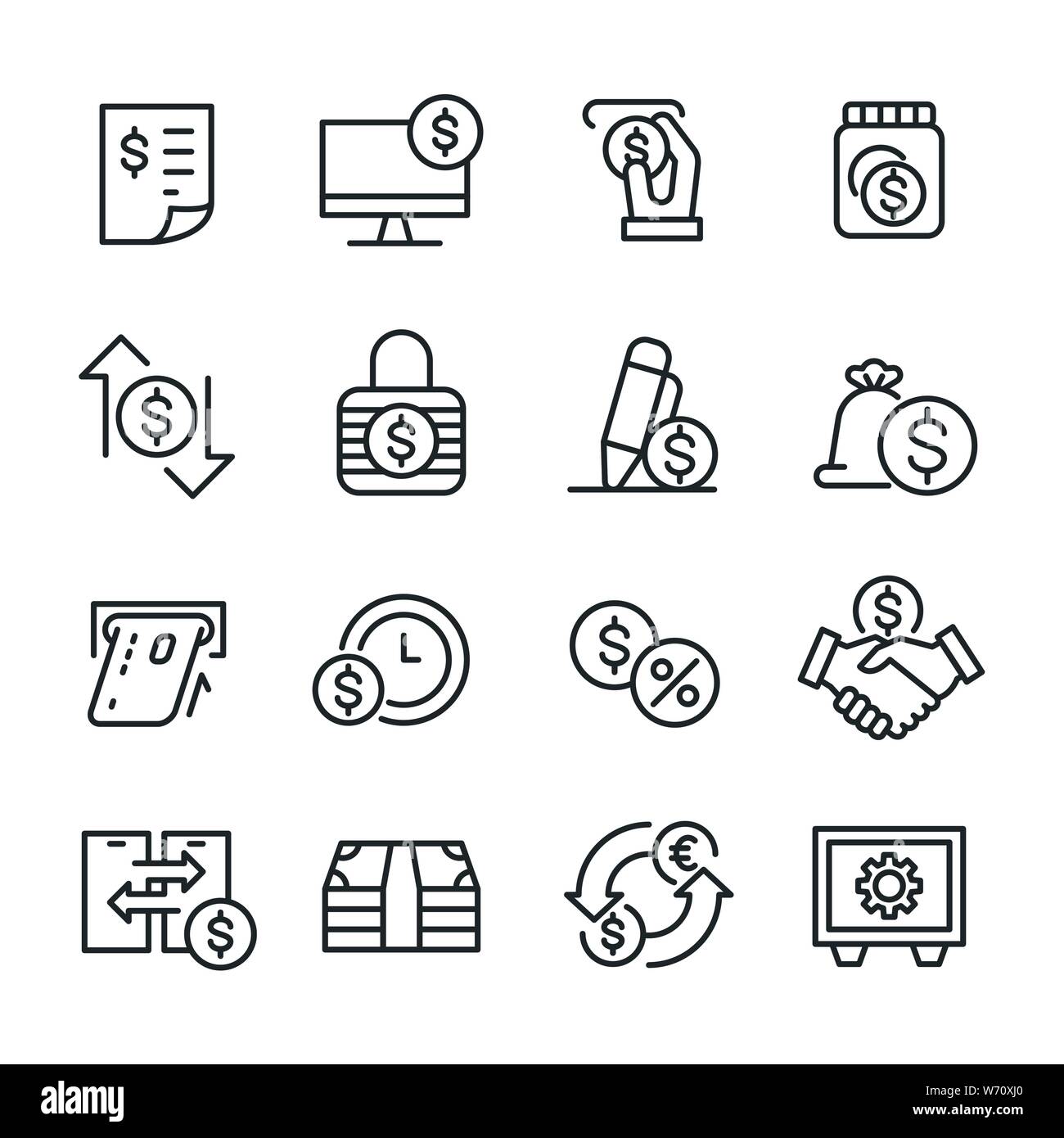 Icone vettoriali set di servizi bancari e denaro. Illustrazione Vettoriale