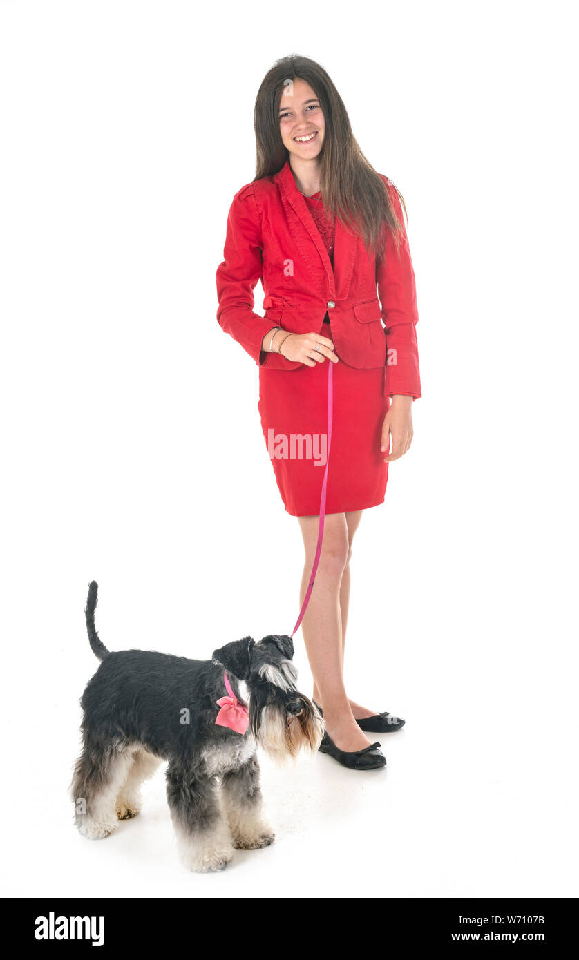 Miniatura schnauzer e donna di fronte a uno sfondo bianco Foto Stock